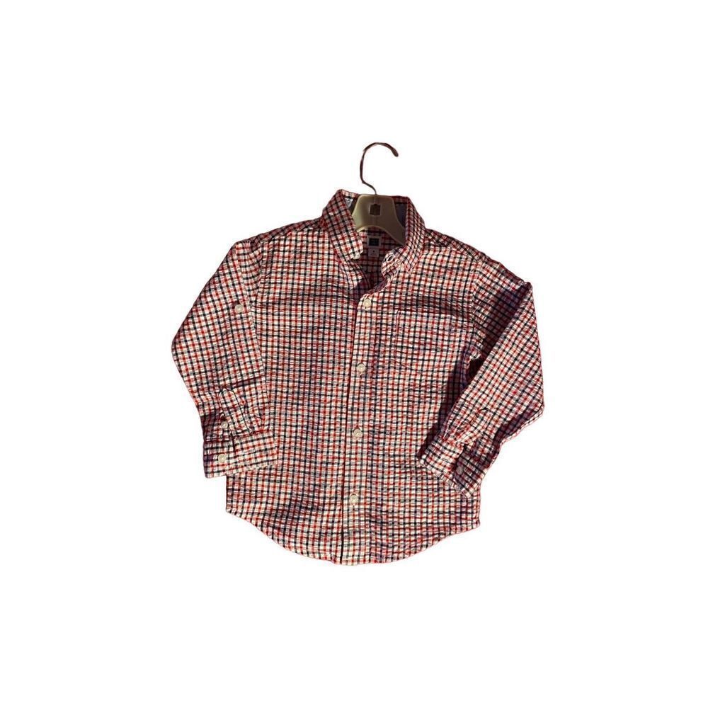 Janie and Jack boys, red and blue checkered, long sleeve button up shirt size 3